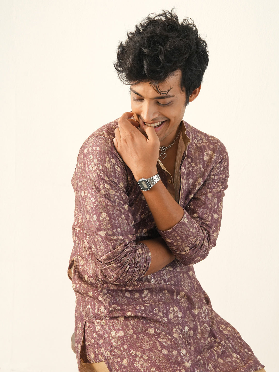 Men Brick Red Blended Print Kurta