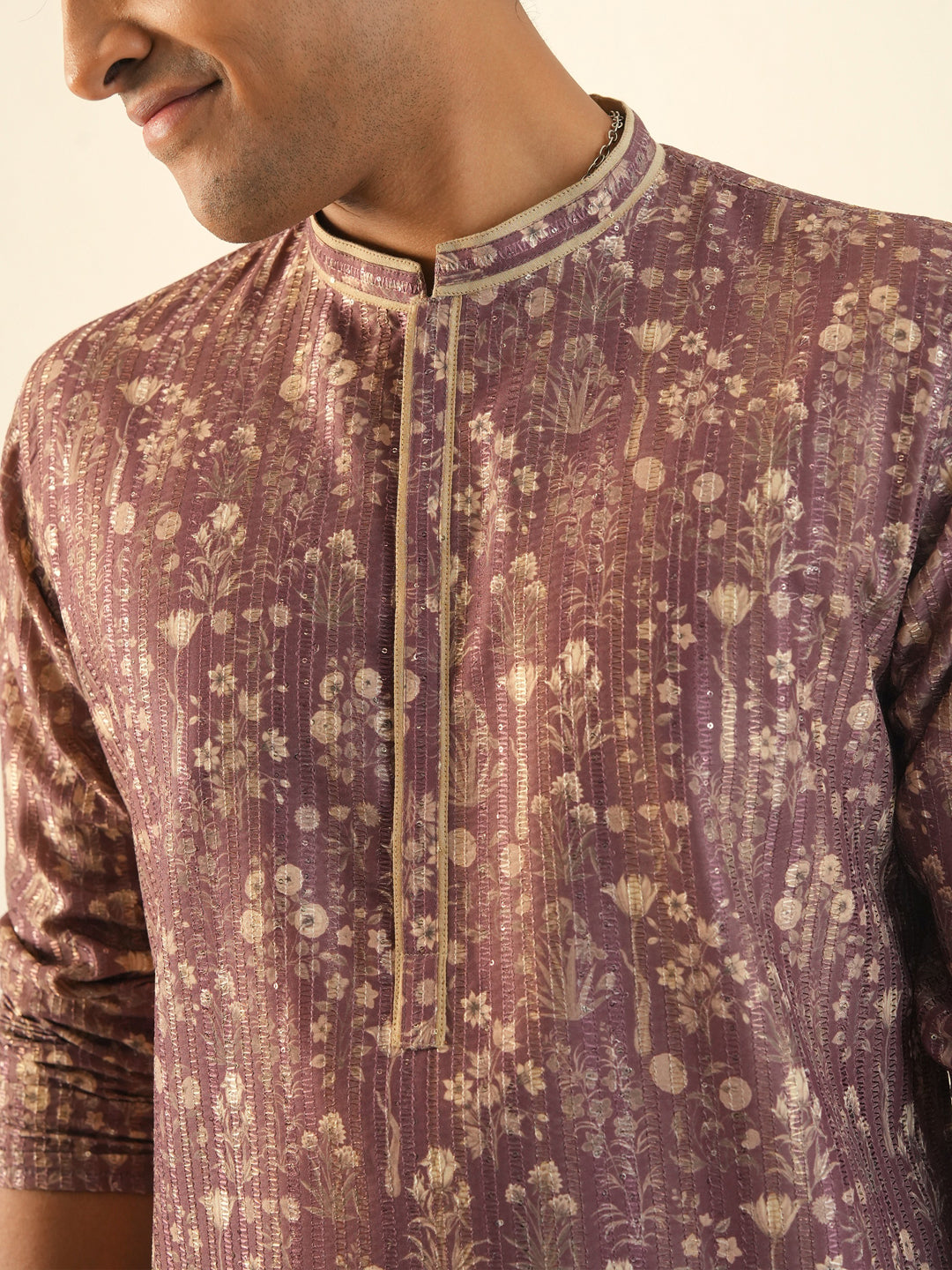 Men Brick Red Blended Print Kurta