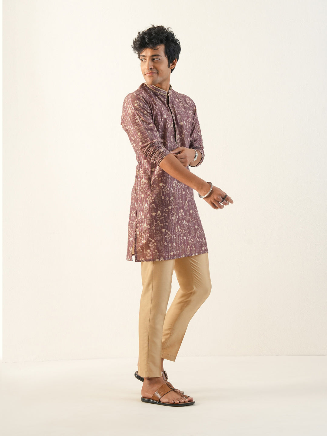 Men Brick Red Blended Print Kurta