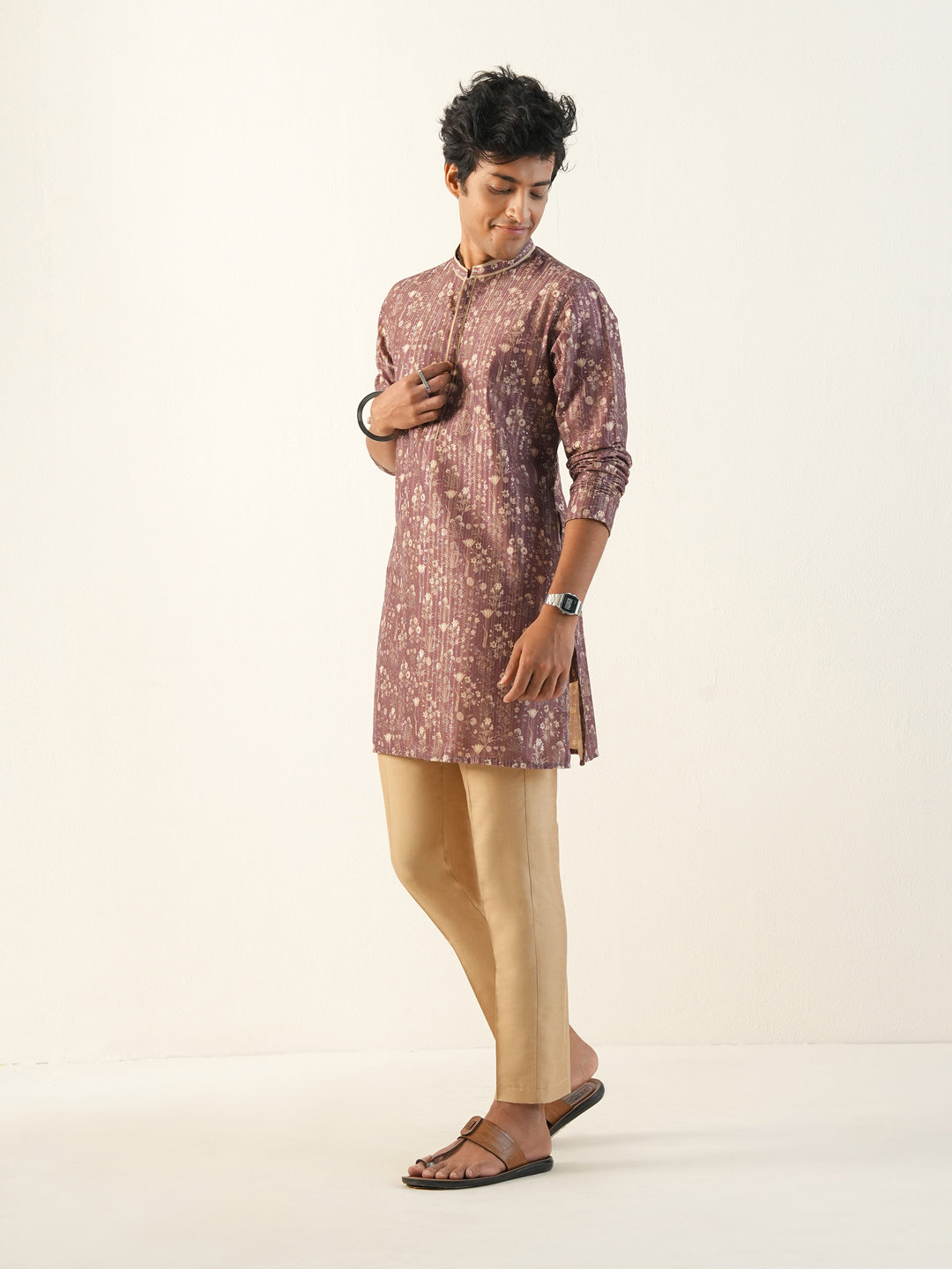 Men Brick Red Blended Print Kurta