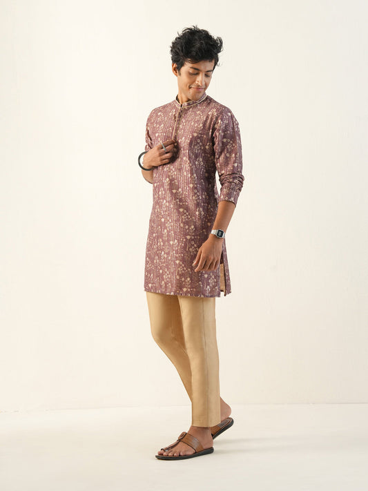 Men Brick Red Blended Print Kurta