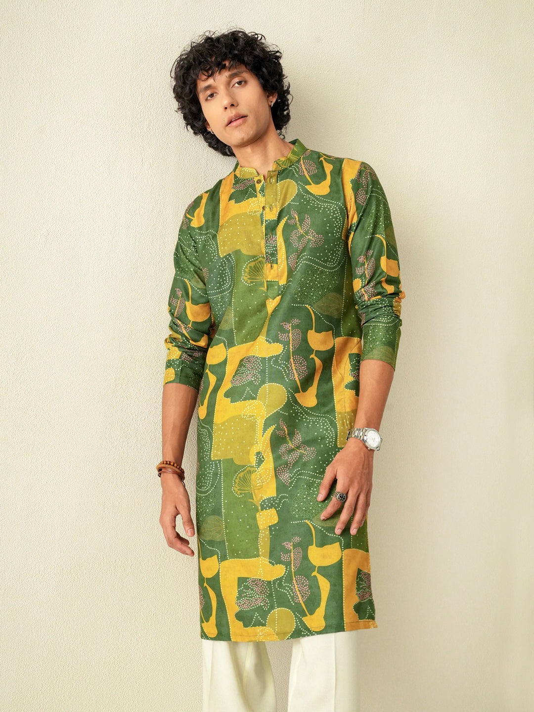 Mens Yellow Blended Print Kurta