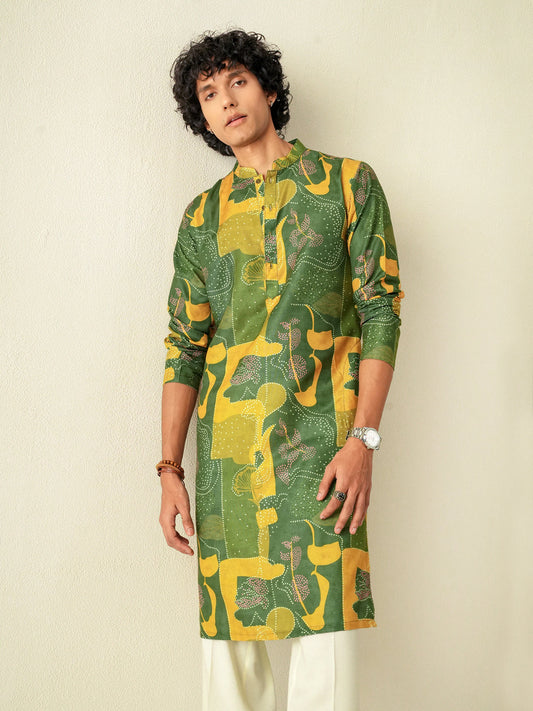Mens Yellow Blended Print Kurta