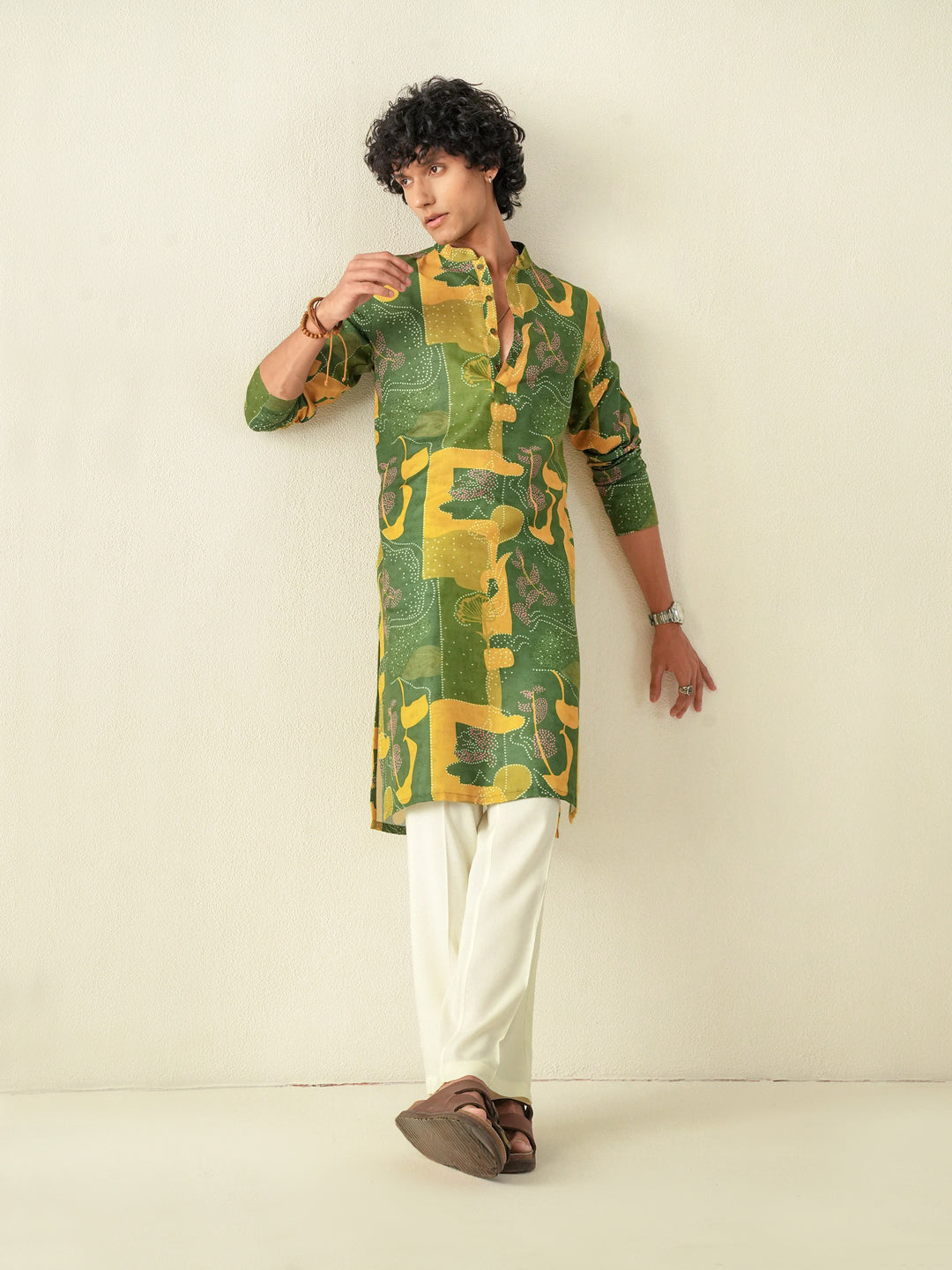 Mens Yellow Blended Print Kurta