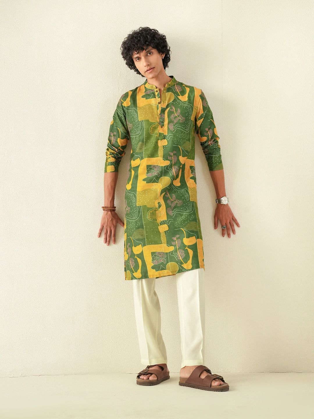 Mens Yellow Blended Print Kurta