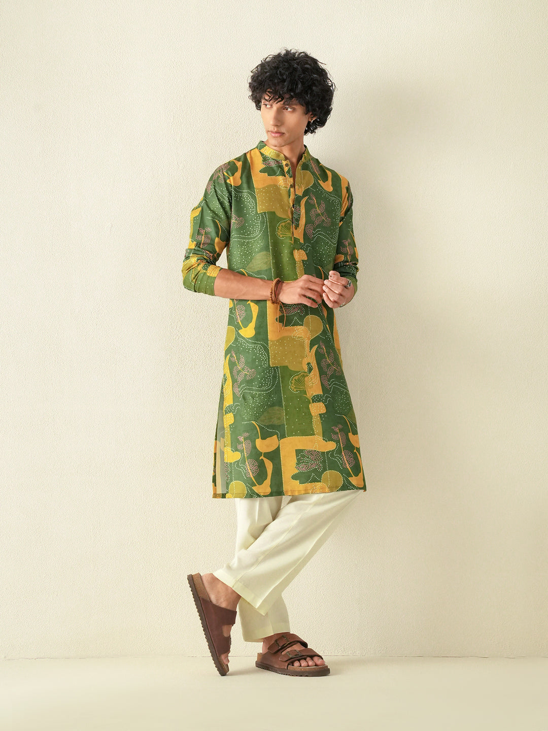 Mens Yellow Blended Print Kurta