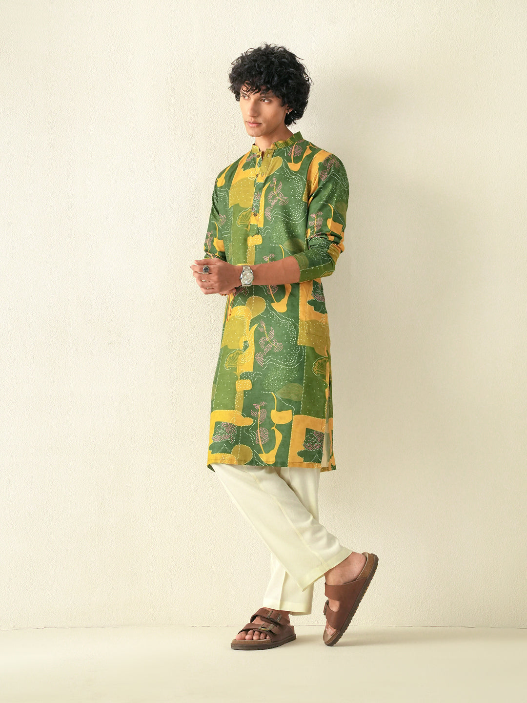 Mens Yellow Blended Print Kurta