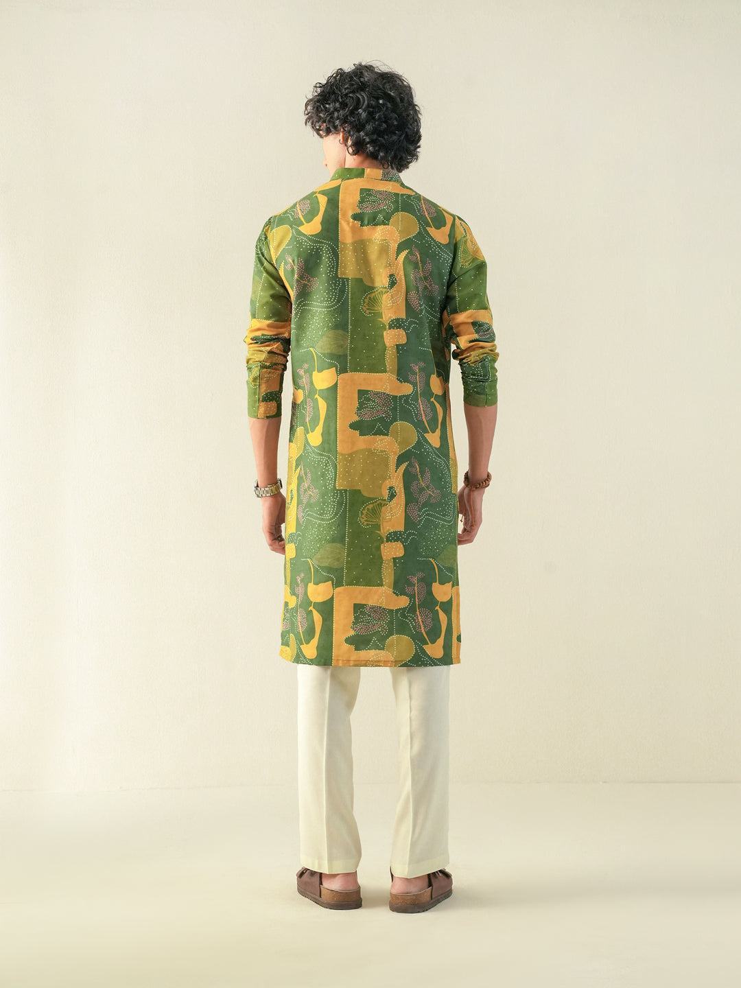 Mens Yellow Blended Print Kurta
