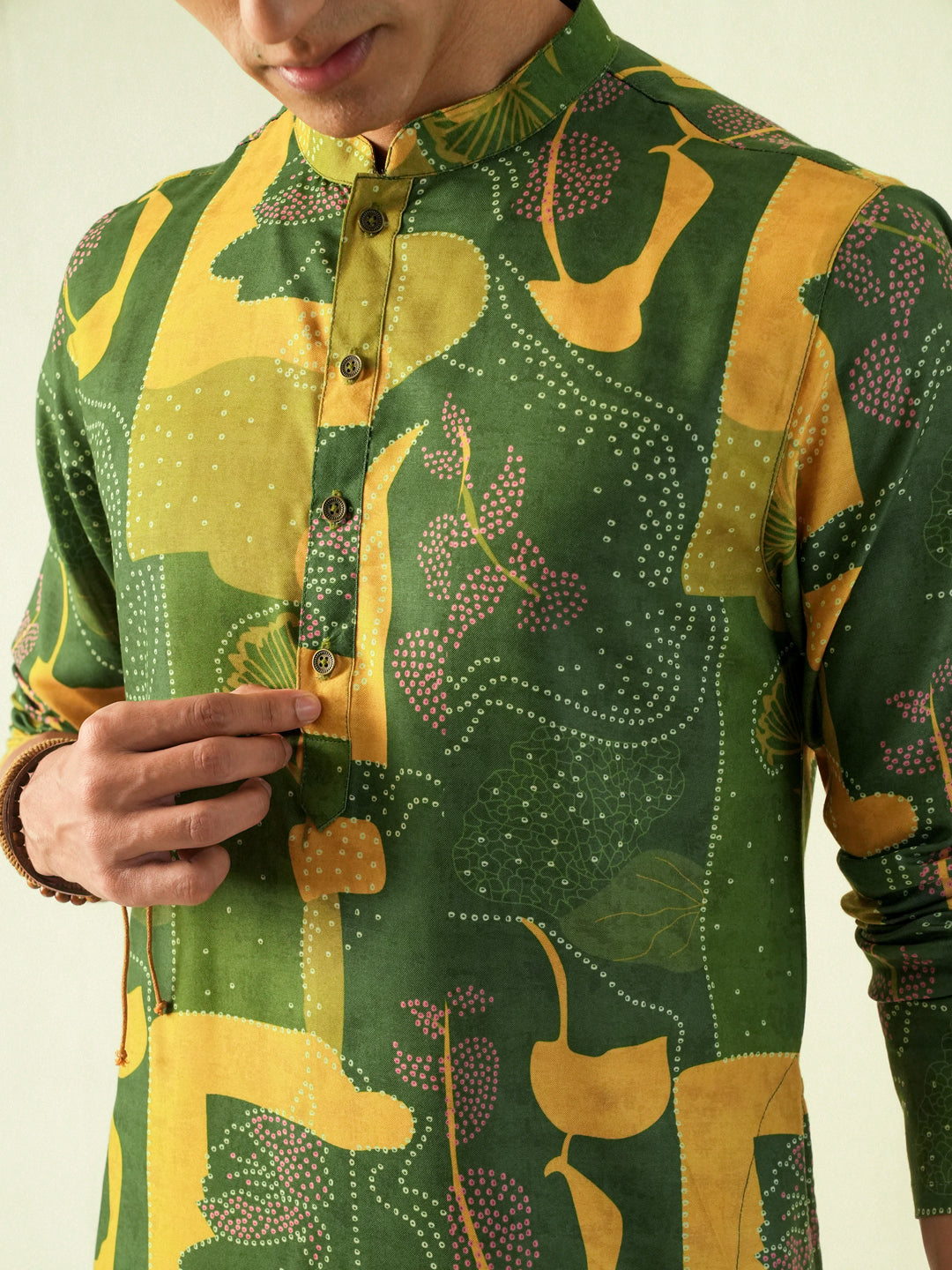 Mens Yellow Blended Print Kurta