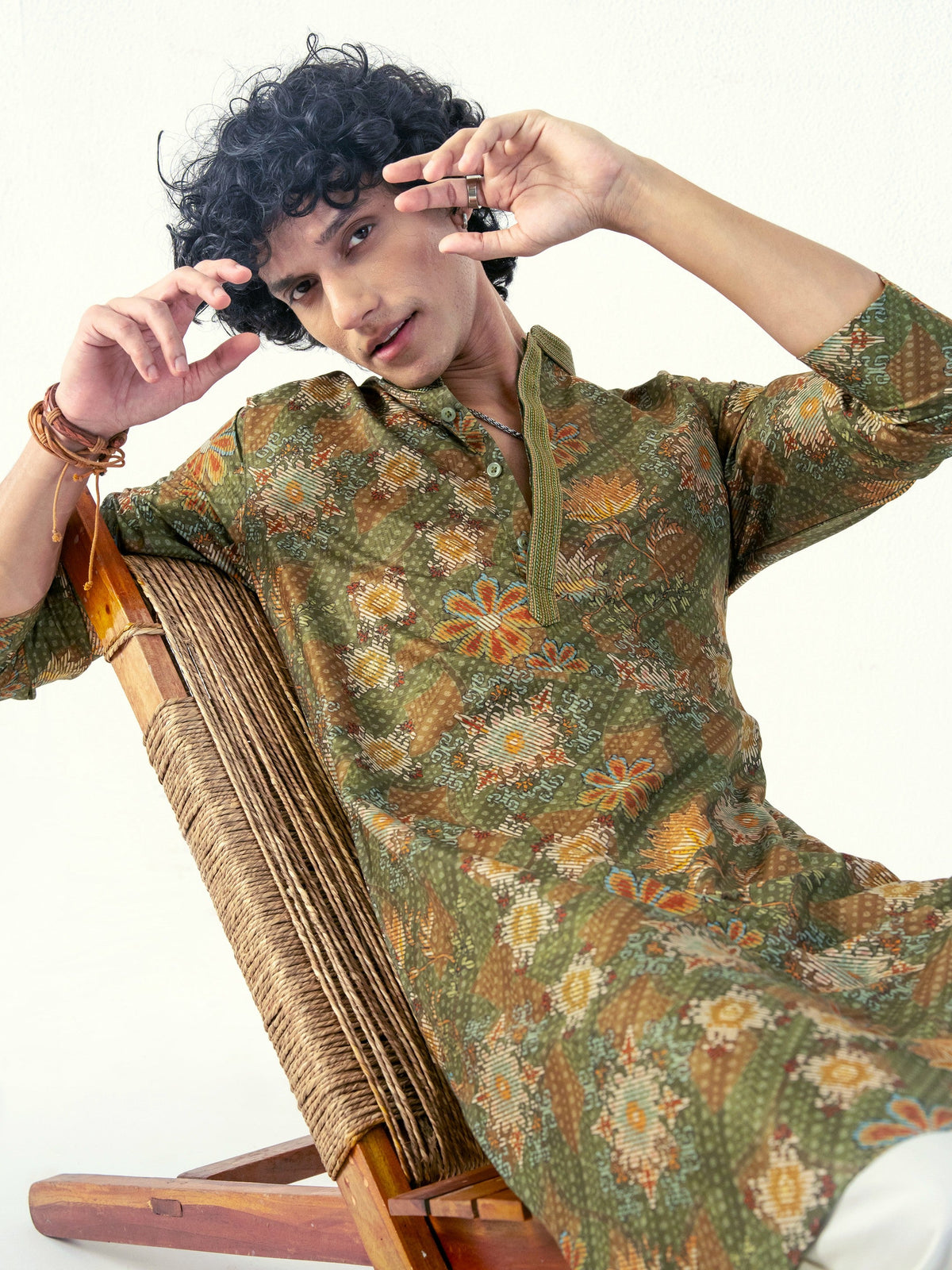 Mens Green Blended Print Kurta