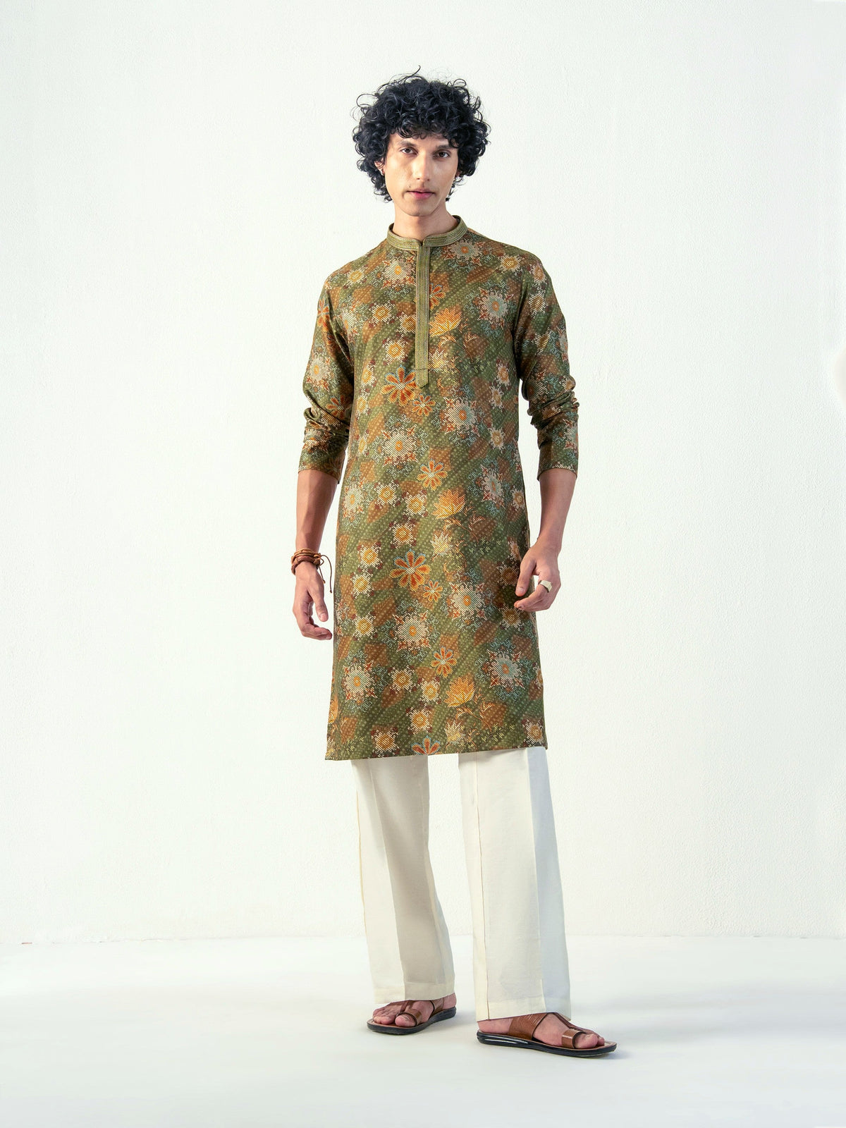 Mens Green Blended Print Kurta