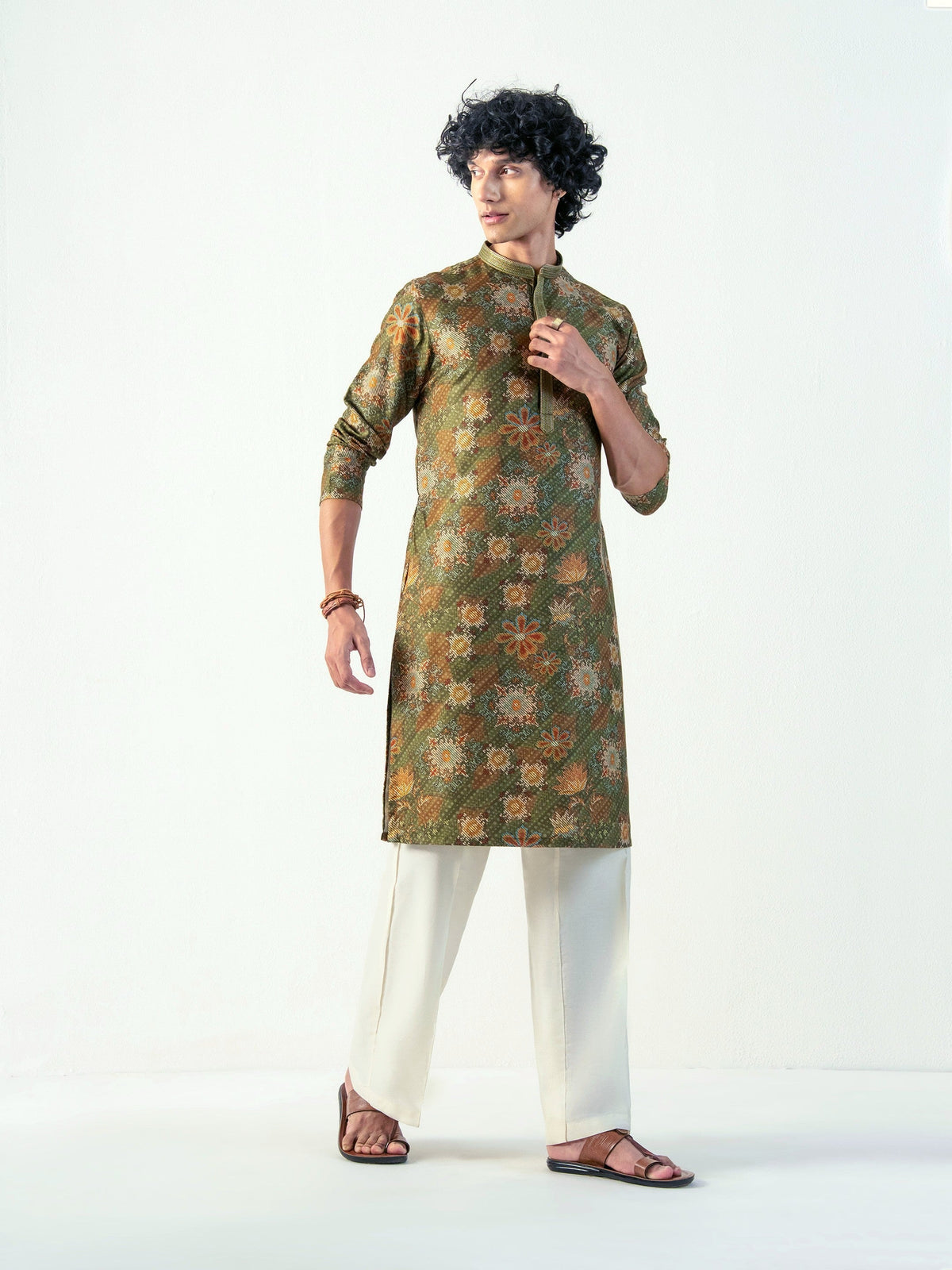Mens Green Blended Print Kurta