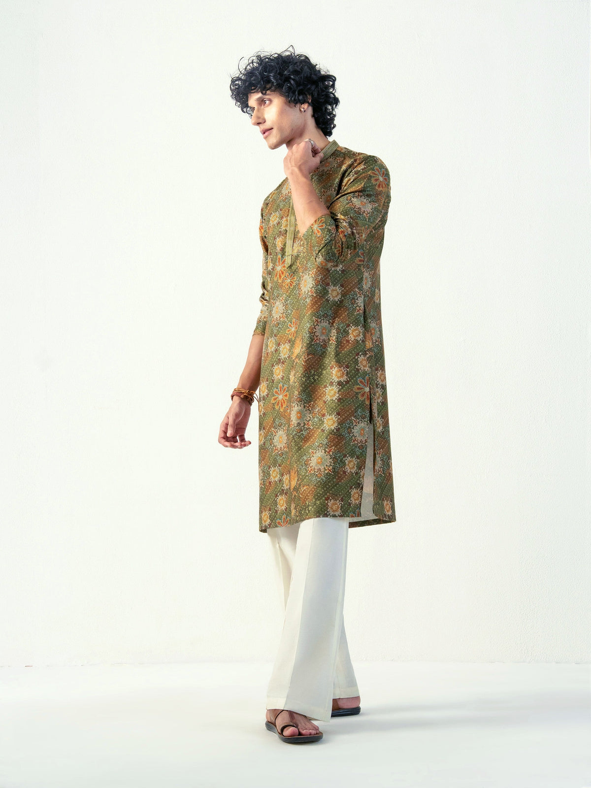 Mens Green Blended Print Kurta