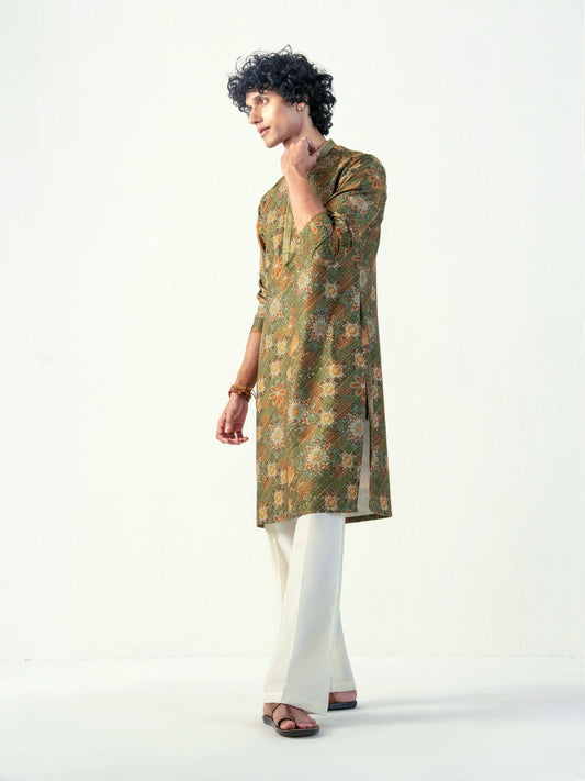 Mens Green Blended Print Kurta