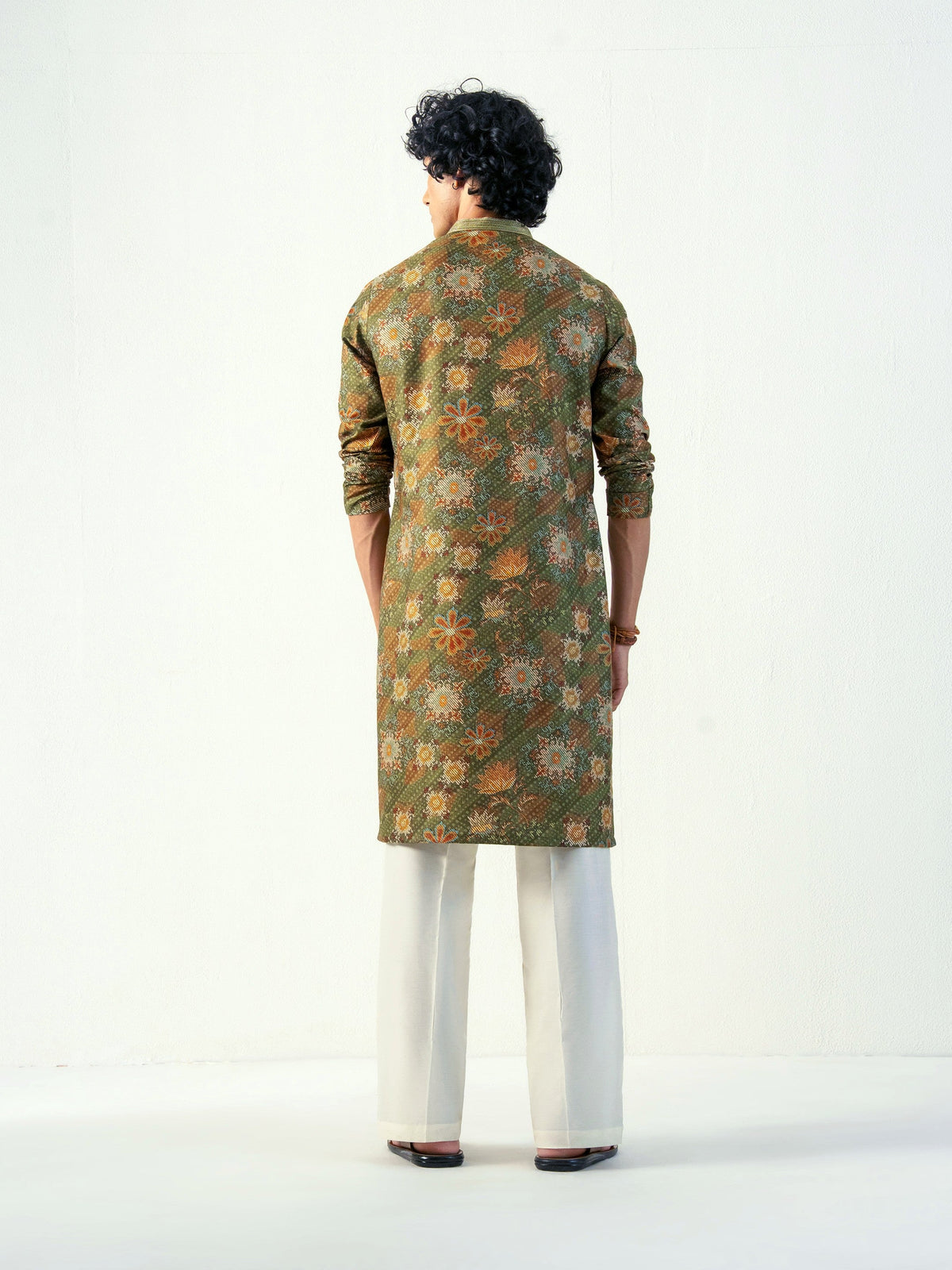 Mens Green Blended Print Kurta