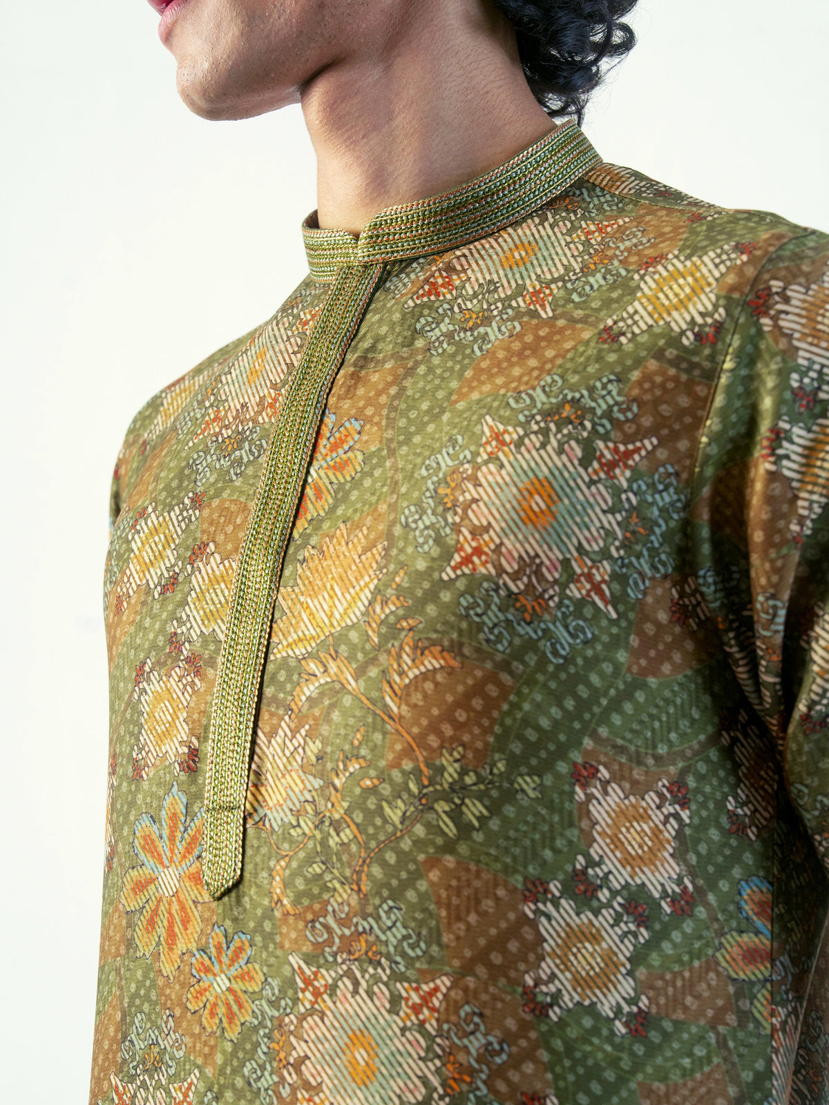 Mens Green Blended Print Kurta