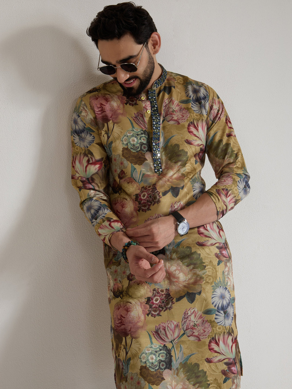 Mens Yellow Blended Print Kurta