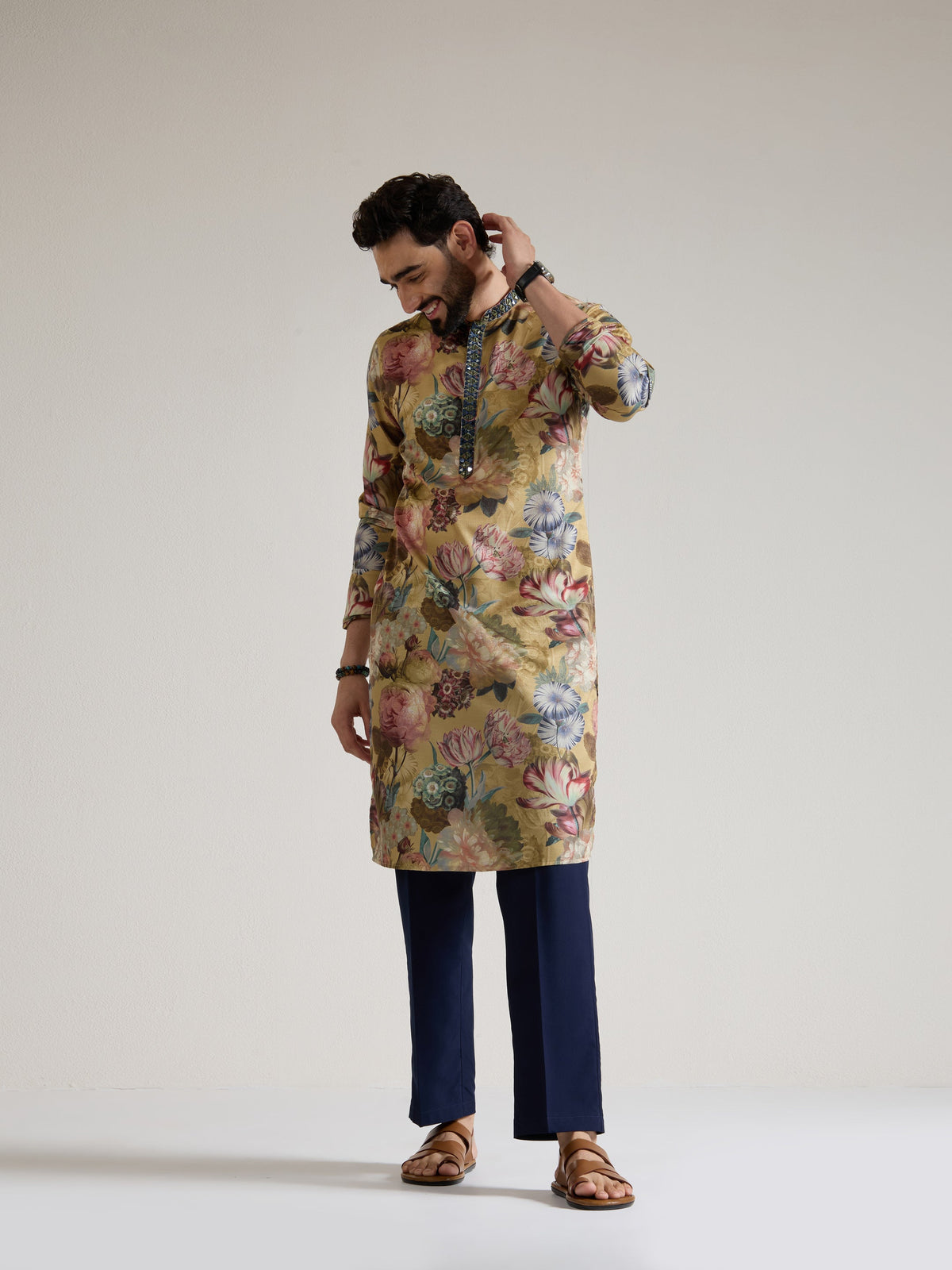 Mens Yellow Blended Print Kurta