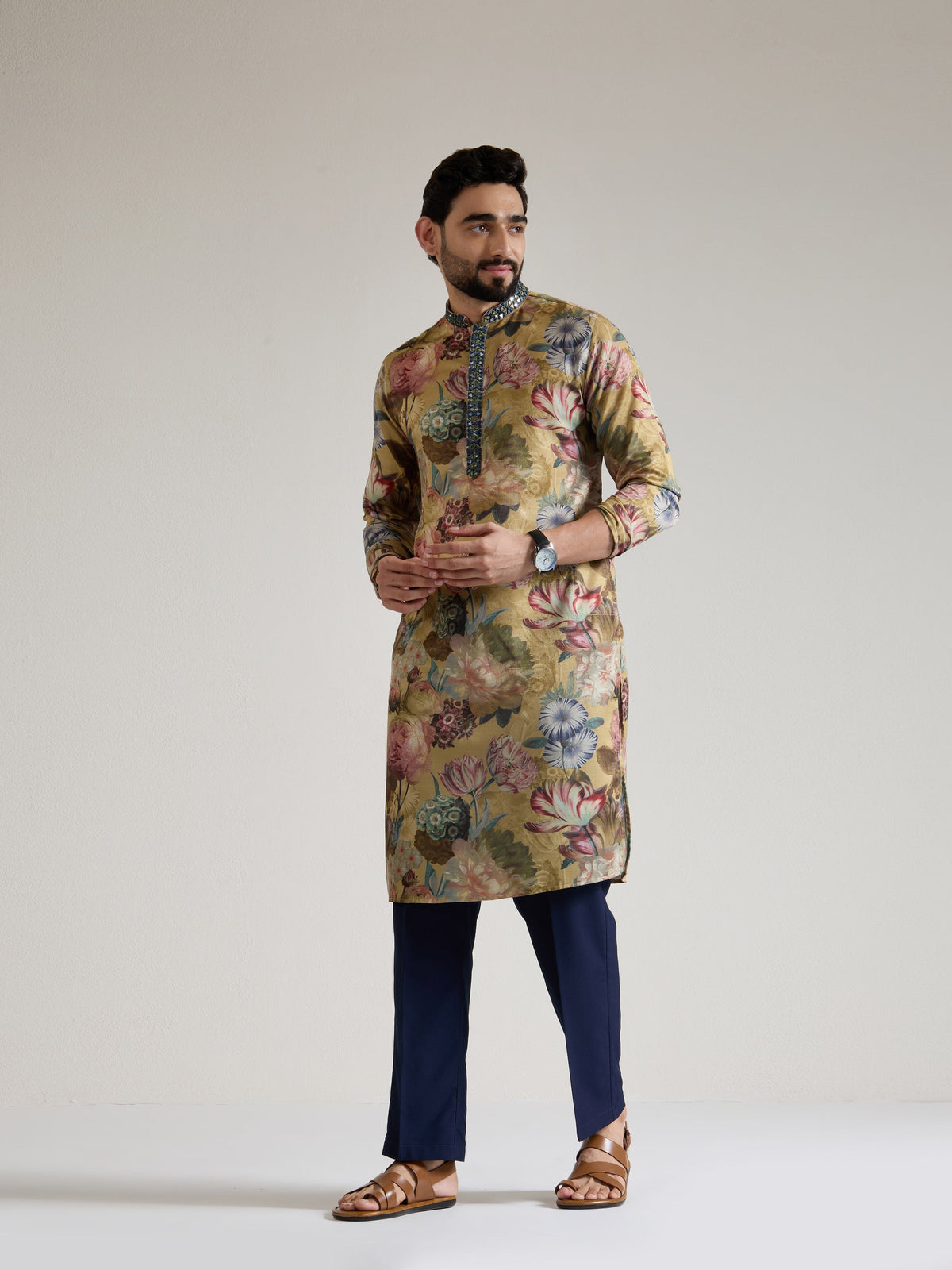 Mens Yellow Blended Print Kurta