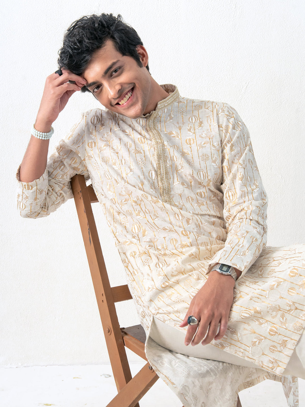 Mens Off-White Cotton Print Kurta