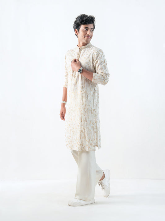 Mens Off-White Cotton Print Kurta
