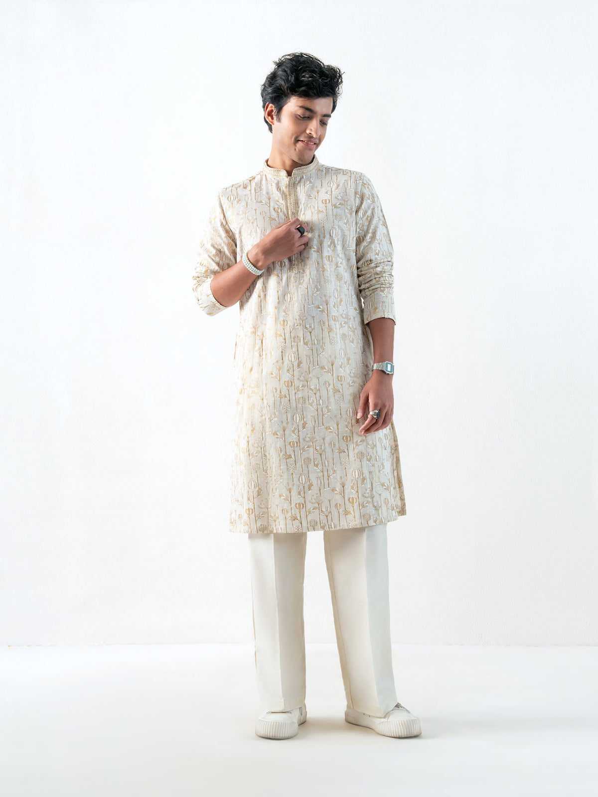 Mens Off-White Cotton Print Kurta