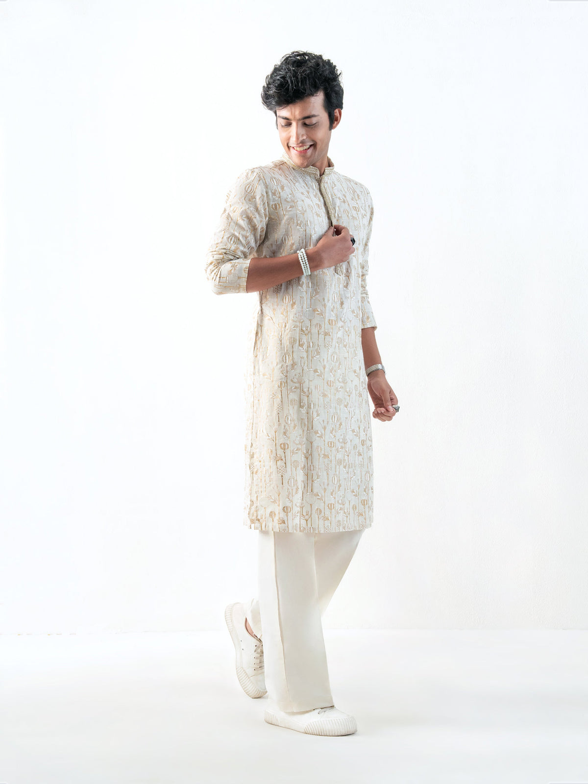 Mens Off-White Cotton Print Kurta