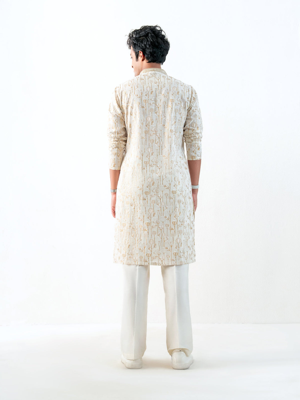 Mens Off-White Cotton Print Kurta