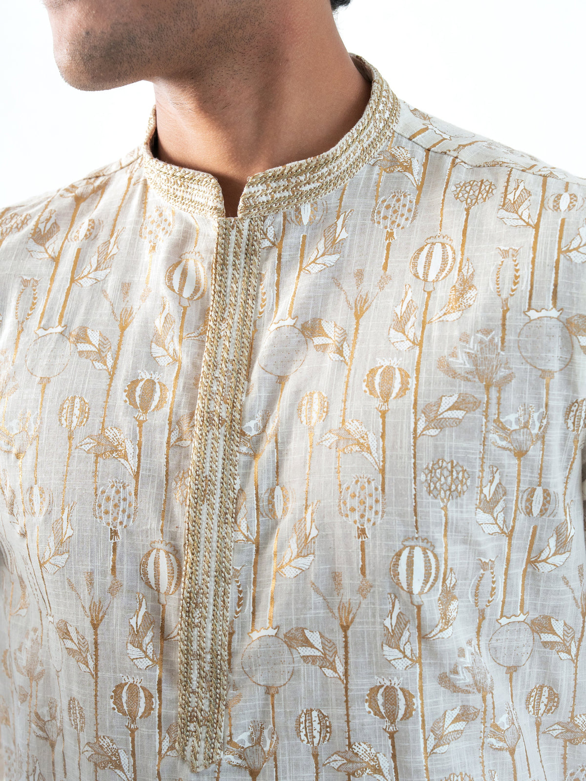 Mens Off-White Cotton Print Kurta