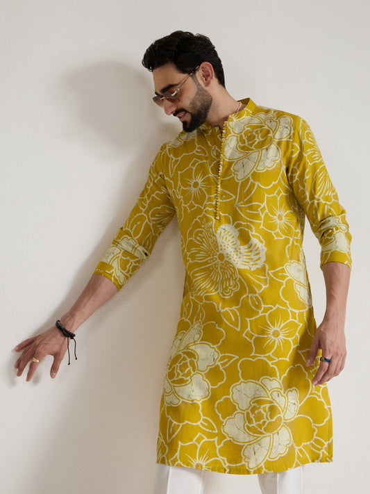 Mens Yellow Blended Print Kurta