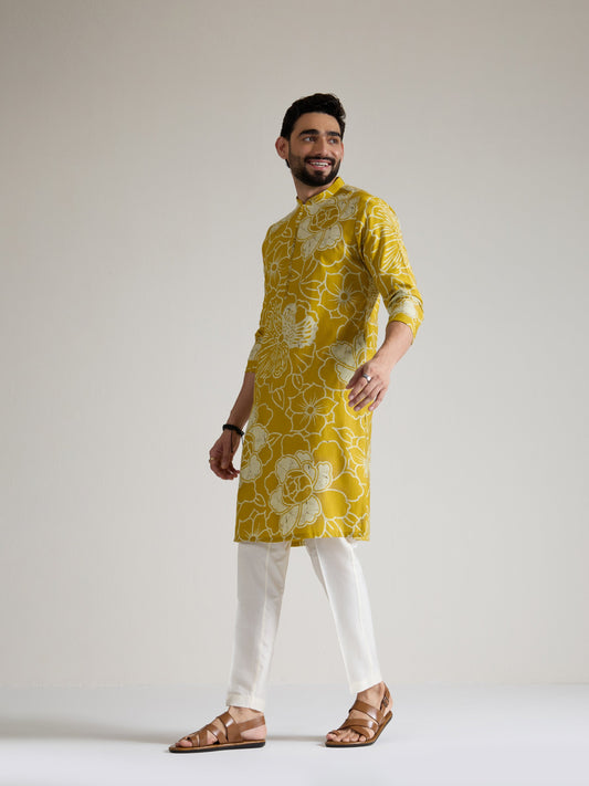 Mens Yellow Blended Print Kurta