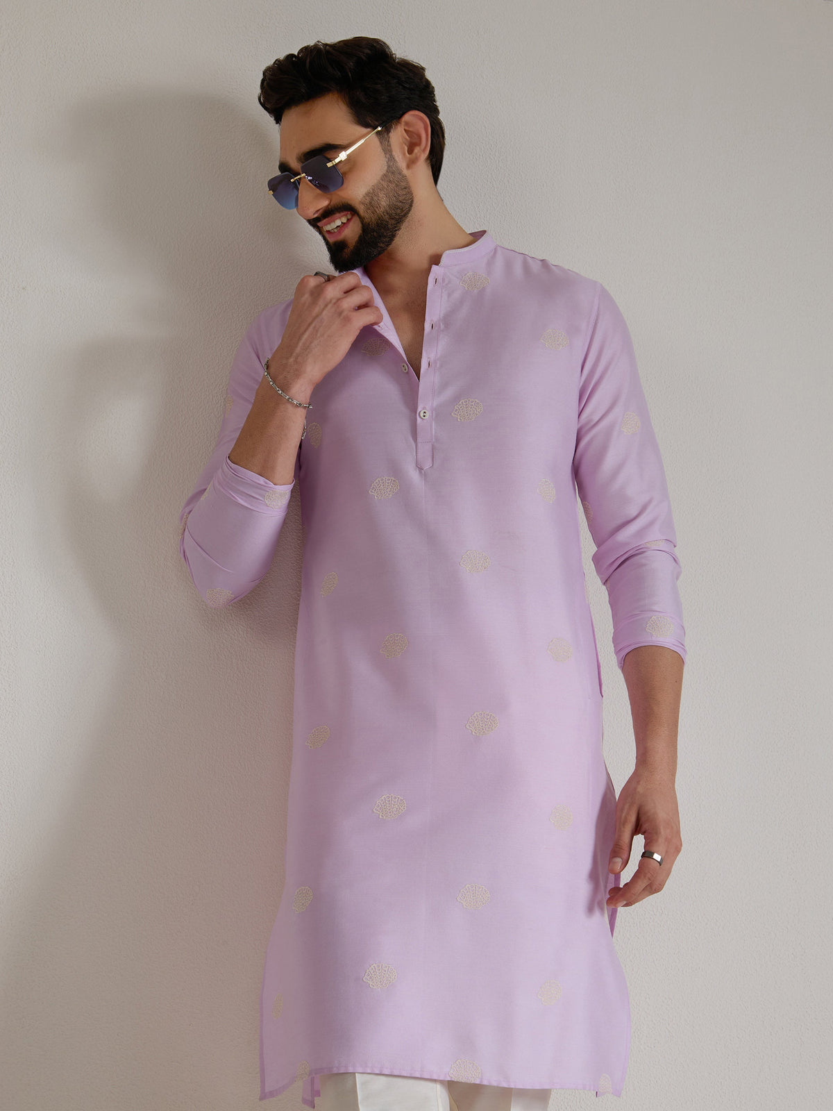 Mens Purple Blended Light  Embroidery Kurta
