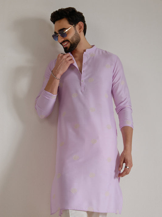 Mens Purple Blended Light  Embroidery Kurta