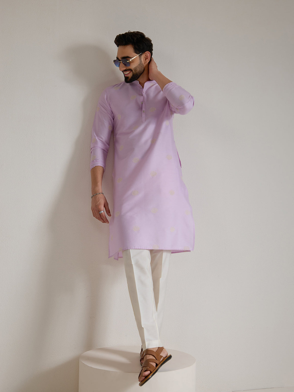 Mens Purple Blended Light  Embroidery Kurta