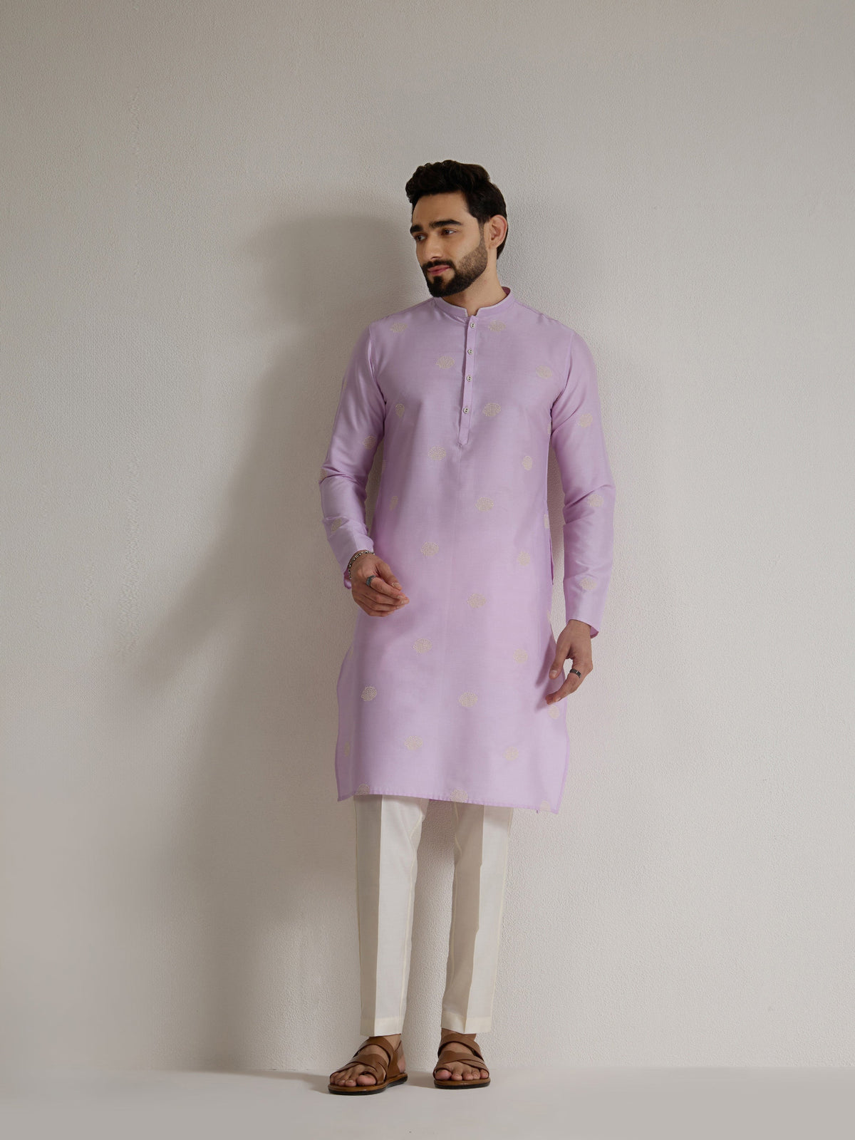 Mens Purple Blended Light  Embroidery Kurta