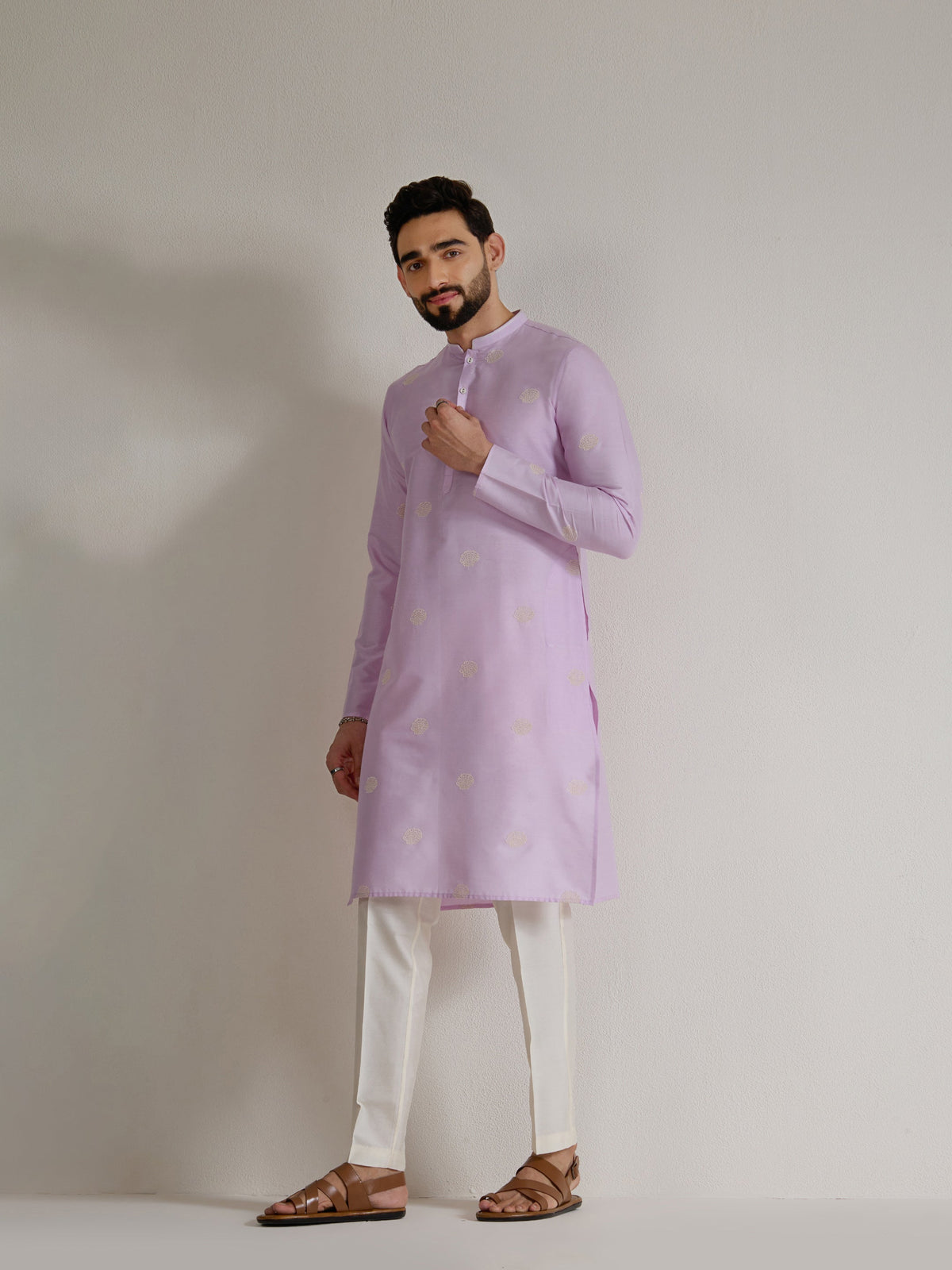 Mens Purple Blended Light  Embroidery Kurta