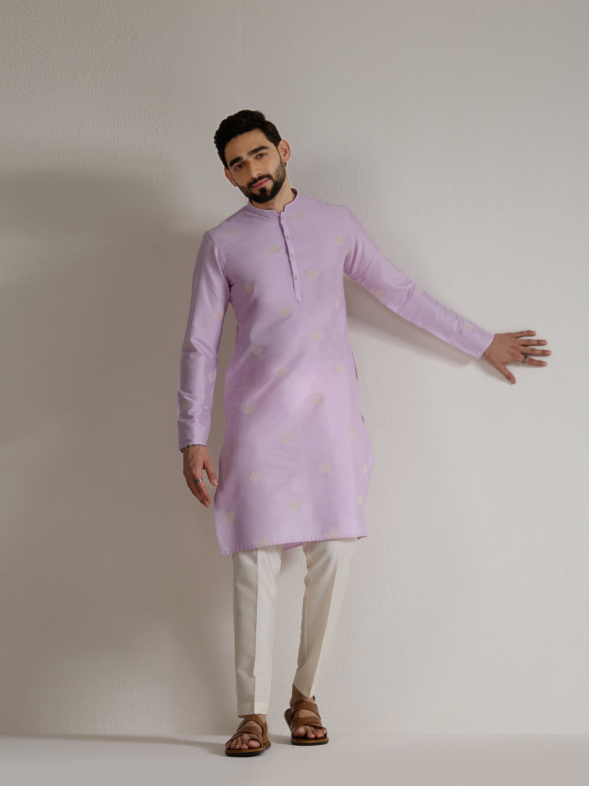 Mens Purple Blended Light  Embroidery Kurta