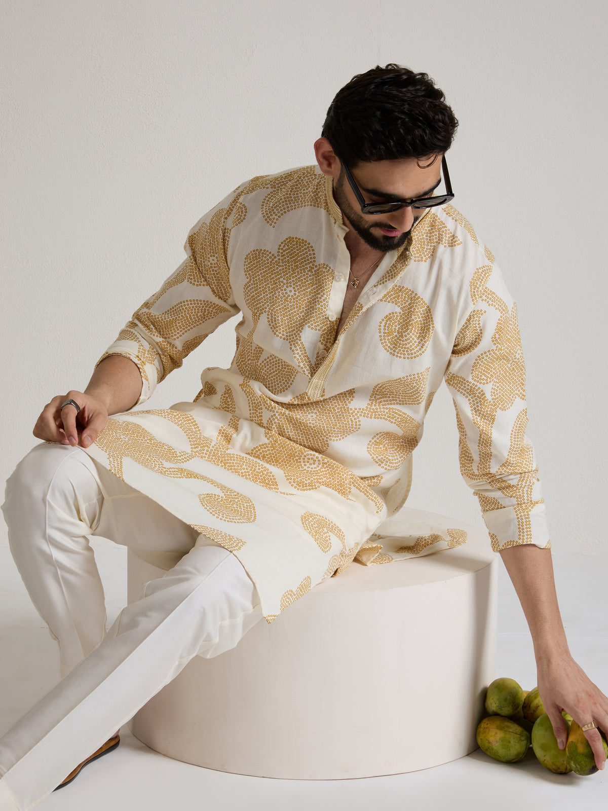 Mens Yellow Cotton Print Kurta