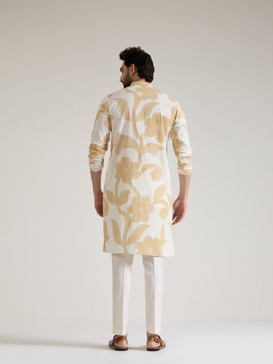 Mens Yellow Cotton Print Kurta