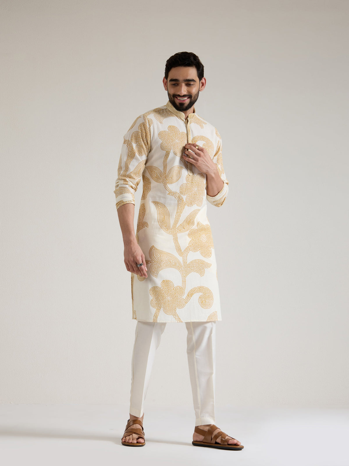 Mens Yellow Cotton Print Kurta