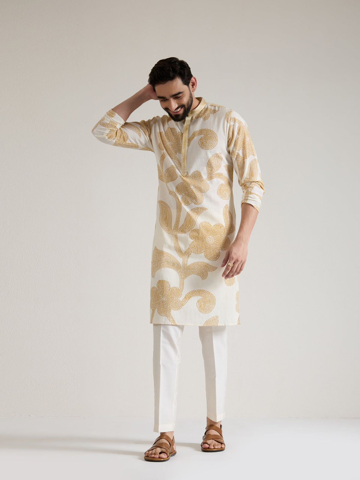 Mens Yellow Cotton Print Kurta