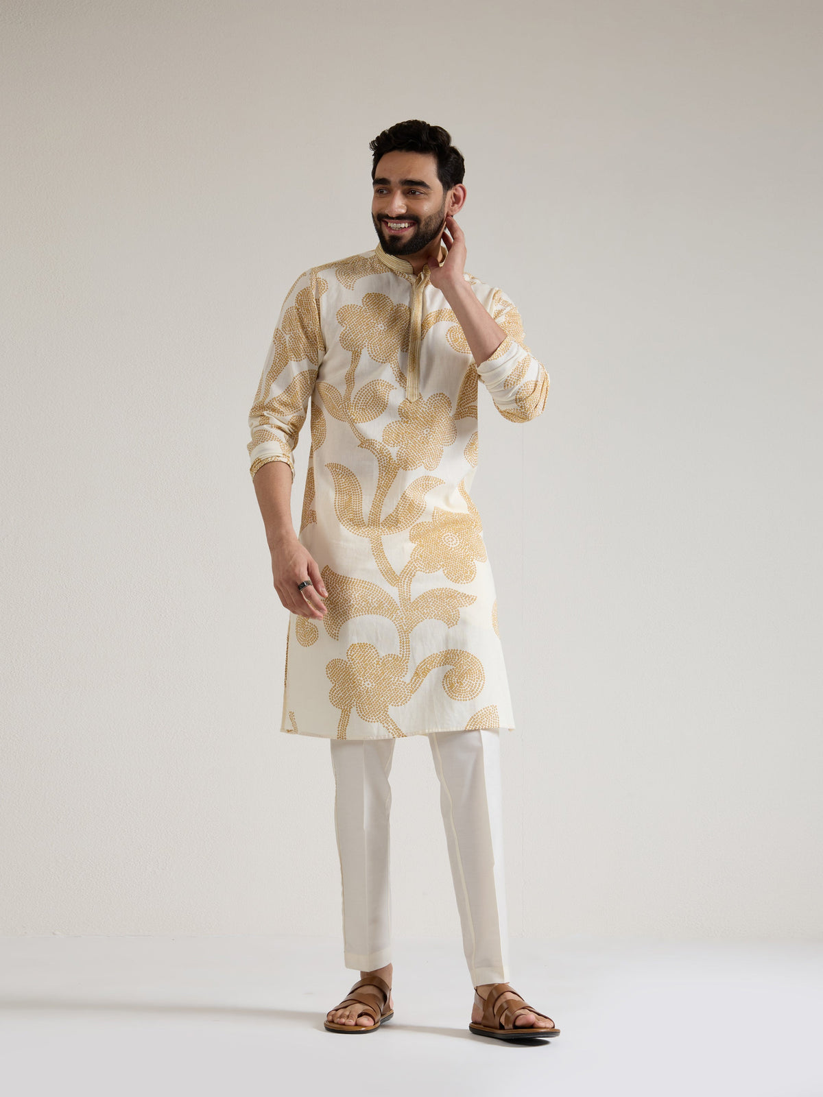 Mens Yellow Cotton Print Kurta