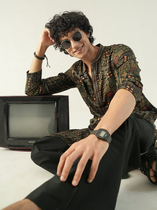 Mens Multicolor Blended Print Kurta