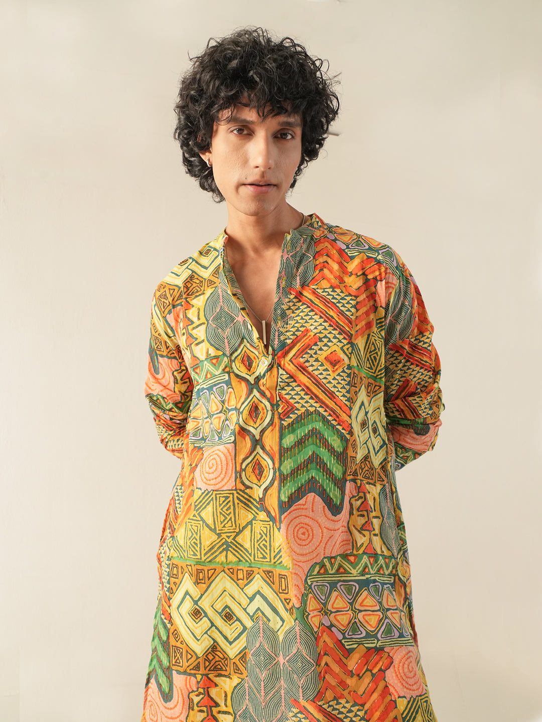 Mens Multicolor Cotton Print Kurta