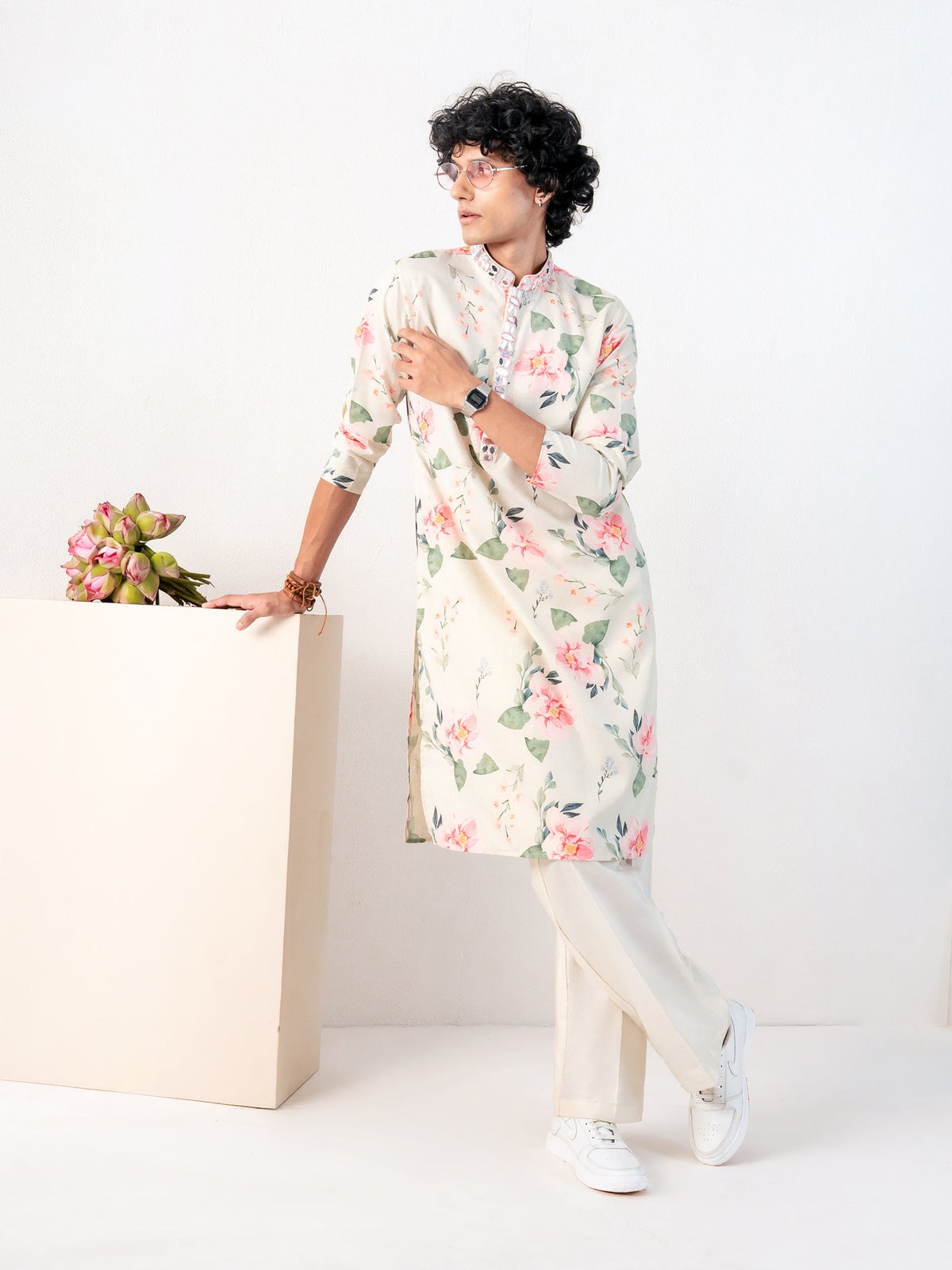 Mens Multicolor Blended Print Kurta