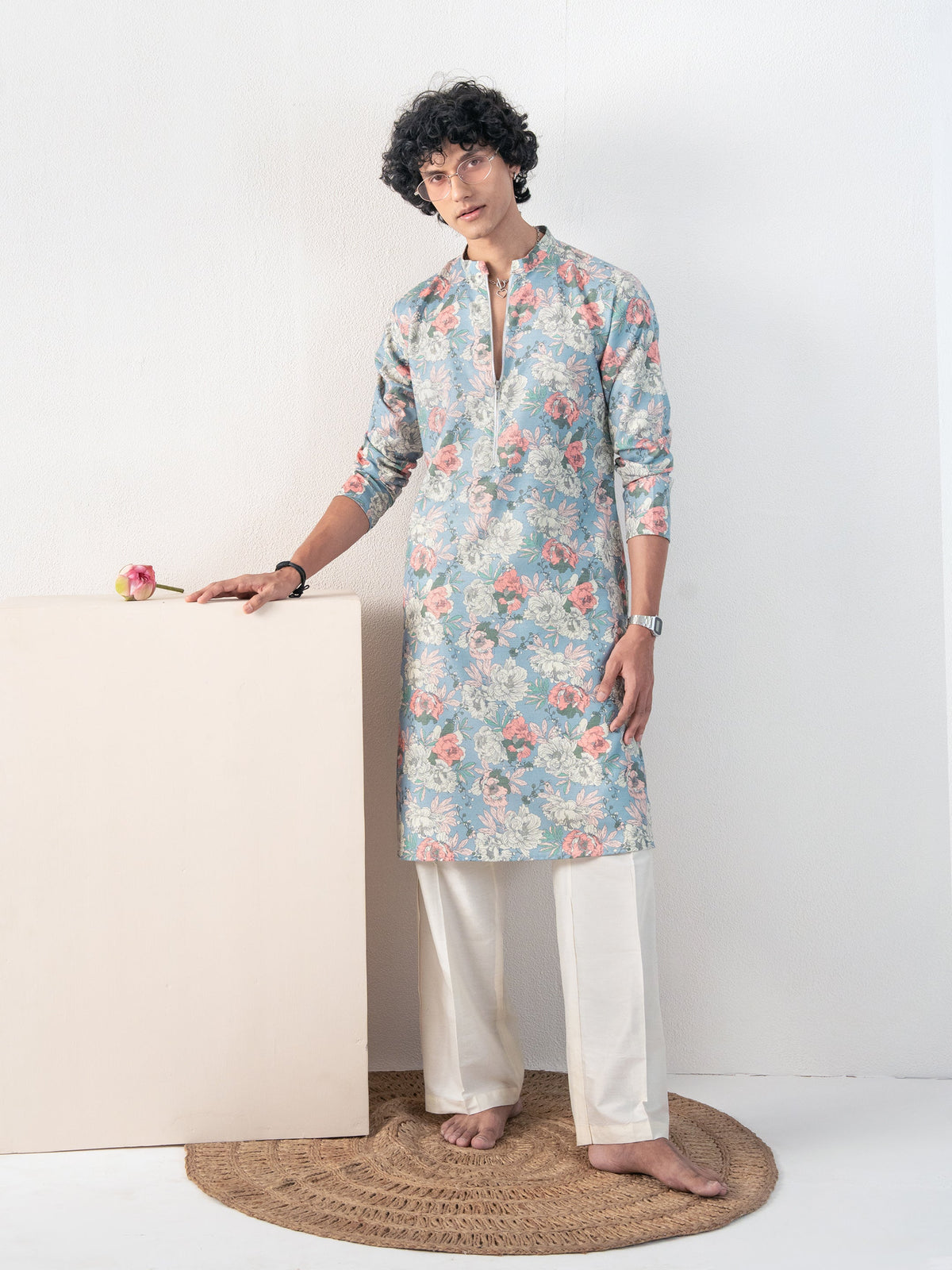 Mens Multicolor Blended Print Kurta with Zip