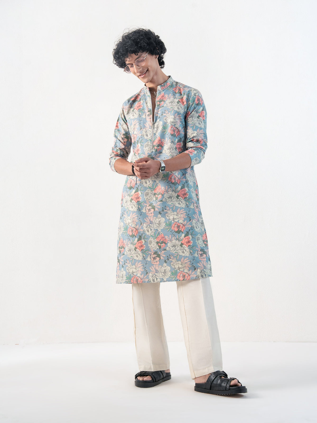Mens Multicolor Blended Print Kurta with Zip