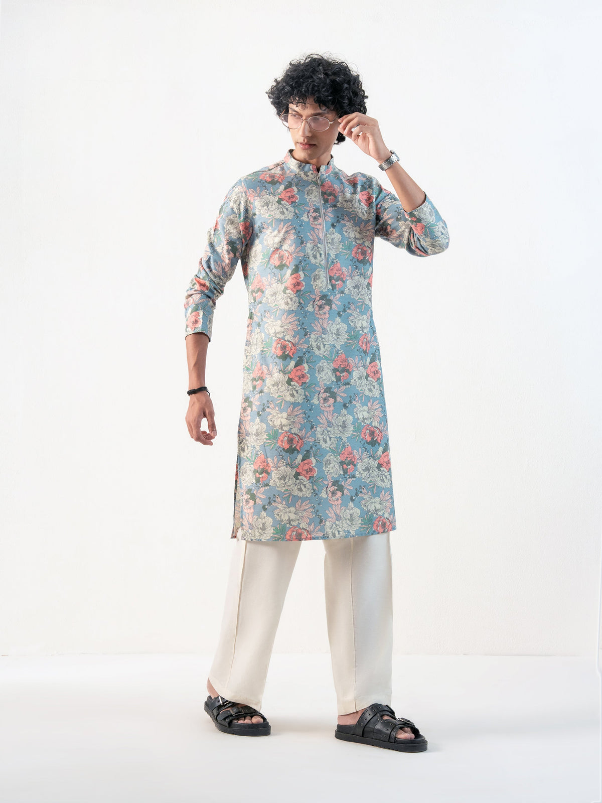 Mens Multicolor Blended Print Kurta with Zip