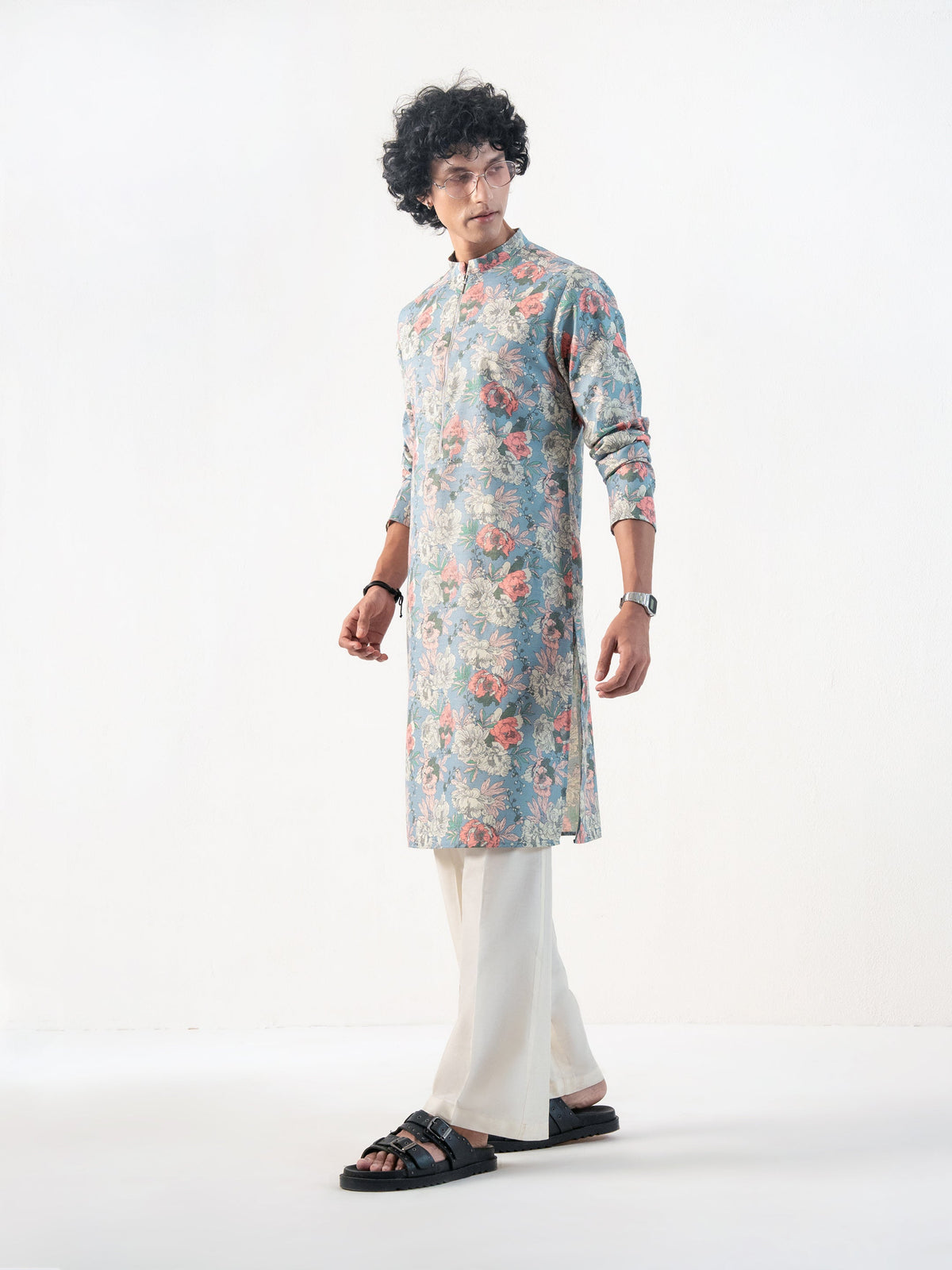 Mens Multicolor Blended Print Kurta with Zip