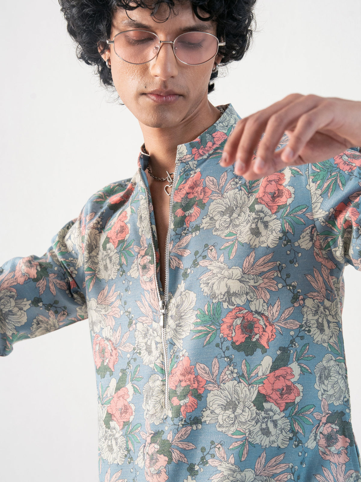Mens Multicolor Blended Print Kurta with Zip